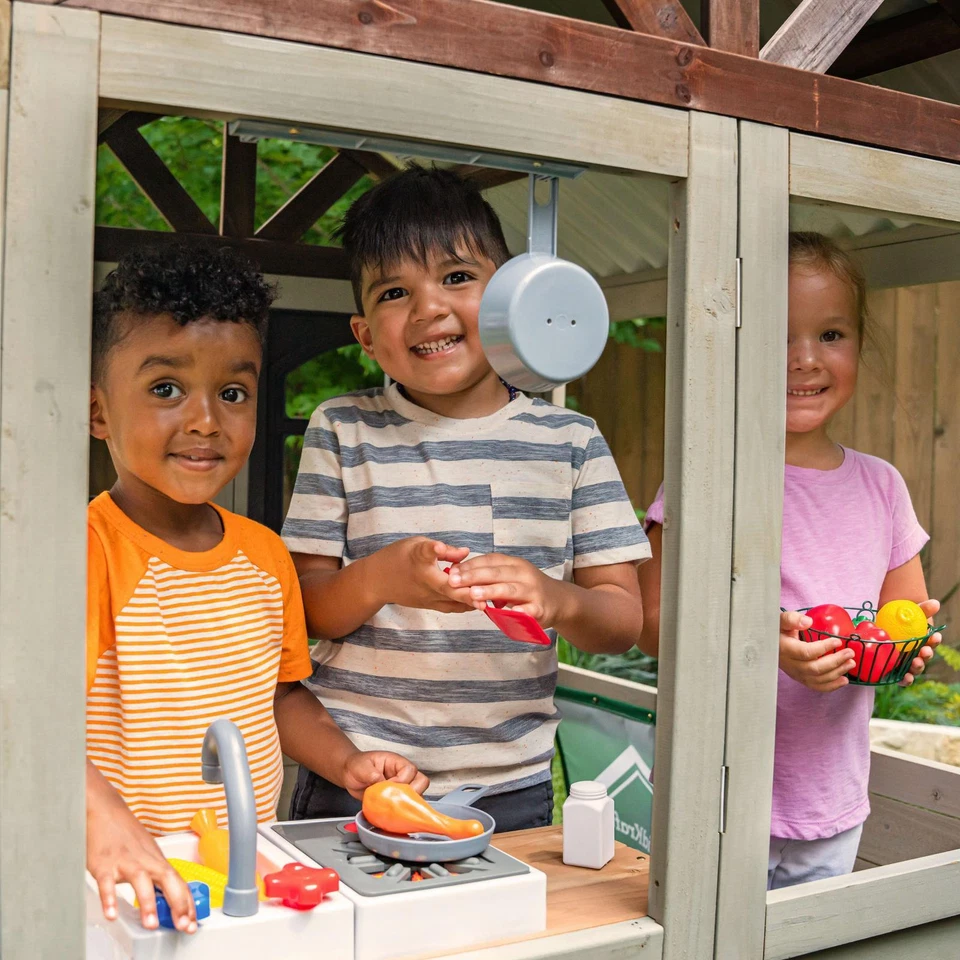 Moderno juego de madera para casa de juegos de granja con banco de valla de piquete de cocina fácil A Foto 4 de 4