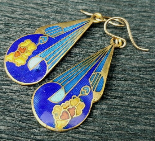 Older VNTG Cloisonne Earrings Deco Floral Pierced Dangle Gold Filled Wires 1 Pr - Picture 6 of 17