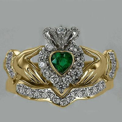2Ct Heart Lab Created Emerald Engagement Bridal Ring Set 14k Yellow Gold Finish