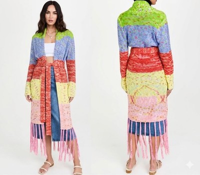 Anthropologie 525 America Rydell Red Multi Fringe Long Belted Knit Cardigan XS