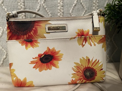 Calvin Klein White Faux Leather Sunflower Crossbody Bag