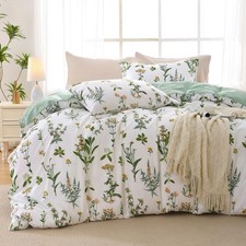 Duvet Cover Queen Size, Reversible Floral Green Flower Duvet Cover Set with Z...