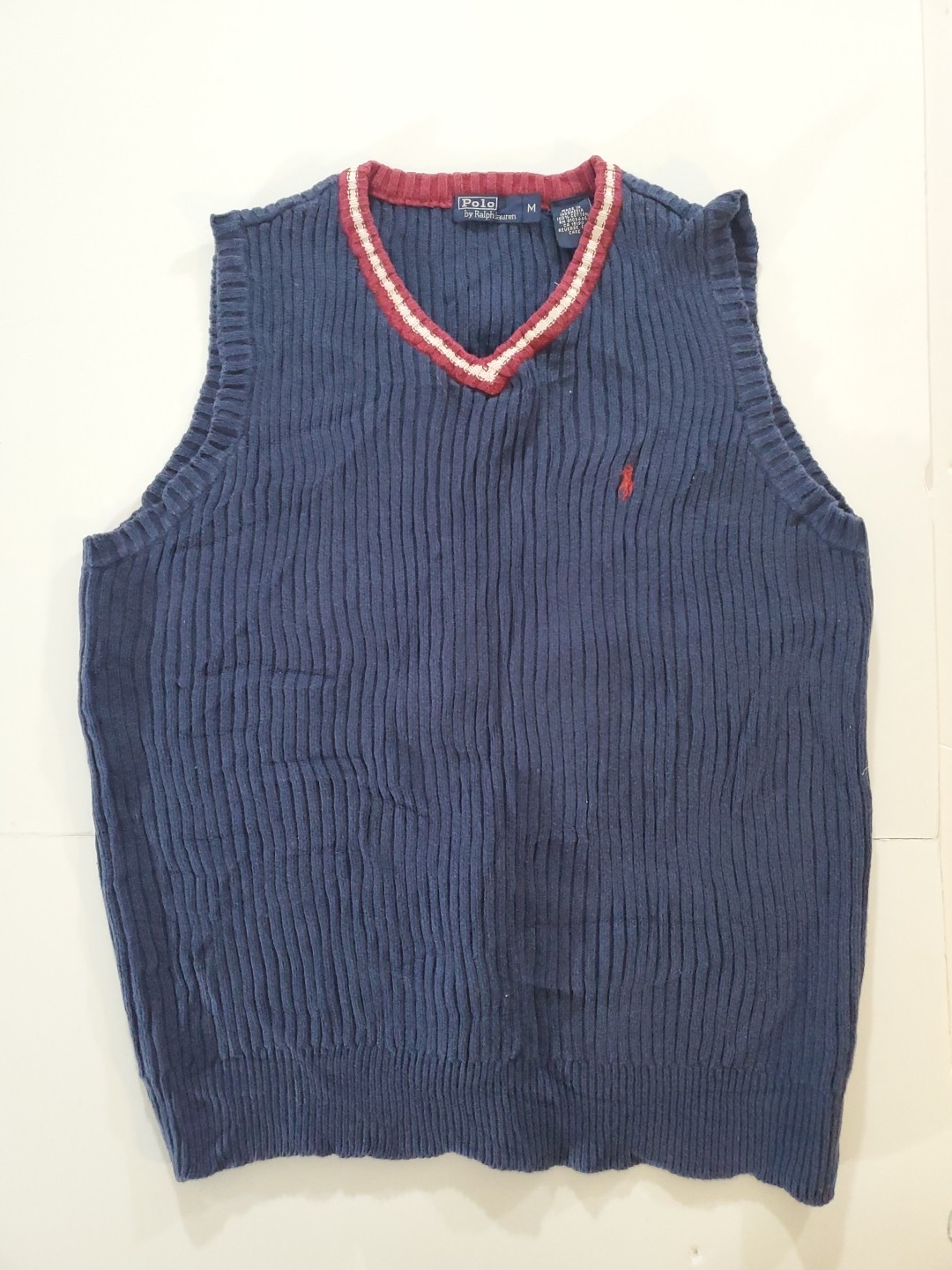 Vtg Polo Ralph Lauren Sweater Vest Mens M Navy Blue Ribbed Knit Cotton V-Neck