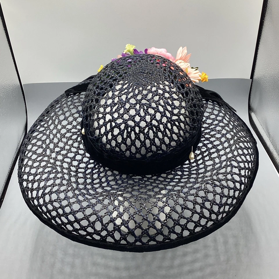 Sombrero de sol vintage de malla negra para mujer con ribete floral púrpura Foto 4 de 4