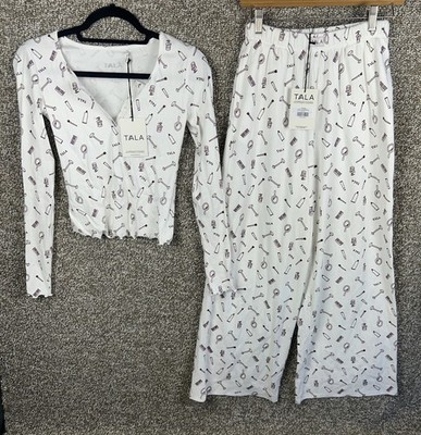 Tala Wake Up Loungewear Ivory Red Pants Shirt Size XS Pajamas Henley Wake Up