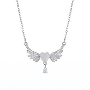 Authentic 14K Gold Plated Angel Wings Heart CZ Pendant Necklace
