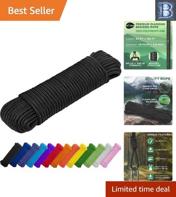 250 LB Black Utility Rope - 90 FT & 150 FT | All-Purpose Diamond Braided