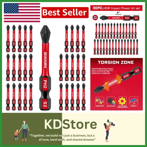 Impact Durable 30-Piece Screwdriver Bits Set - 2 Inch Magnetic PH2, Anti-Slip