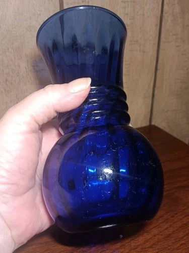 Vintage Anchor Hocking Blue Cobalt Glass Optic Swirl Bud Vase MCM