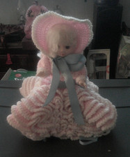 handmade crochet doll dress and bonnet (doll and stand are included with sale)