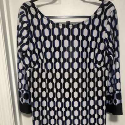 AB Studio Women s Black/White/Cobalt Geometric Shift Dress Knit 3/4 Sleeve Sz L