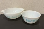 Pyrex White Turquoise “Amish Butterprint” Nesting Bowl Set 2pc 443 and 402