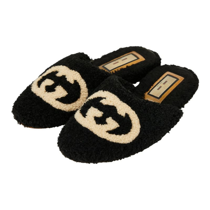 GUCCI Interlocking G Sandals Size: 9 Black Beige Boa Women's GUCCI