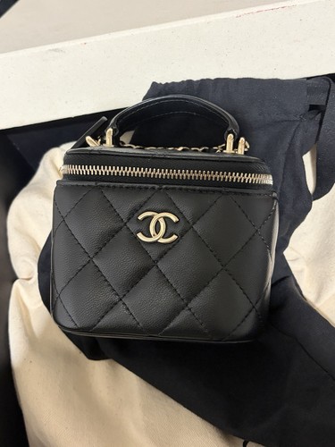 CHANEL Black Quilted Leather Mini Vanity Case Top Handle Chain, Dust Bag