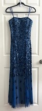 CACHE Women's Vintage Y2K Blue Sequin Mesh Strapless Maxi Long Gown Dress Sz 2
