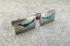 Vintage STERLING Silver Turquoise Inlay ROADRUNNER CUFF LINKS Birds Mid-Century — photo 3