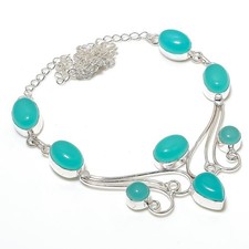 Aqua Chalcedony Handmade Gemstone 925 Sterling Silver Jewelry Necklace Size- 18