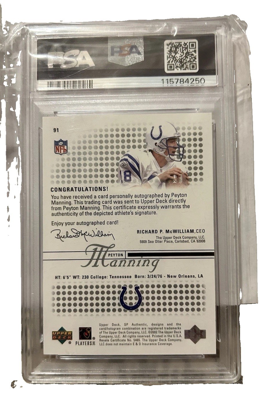 2002 SP Authentic - Peyton Manning #91 AUTO PSA 9 view 2