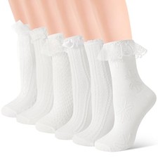 6 Pairs Women Ruffle Socks Cute Frilly Lace Ankle Bow Cotton Socks Breathable