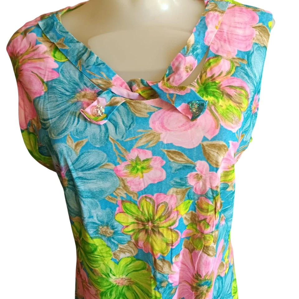 Talla 10 Vestido Vintage Años 60 1OF1 Hecho a Mano Floral Sin Mangas Lazo Verano Iglesia Mamá Foto 4 de 4