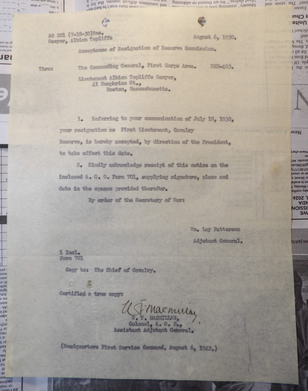 1930 First Corps Acceptance of Resignation signed W T MacMillan Albion T Sawyer