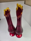 Vintage Pair of Fenton Ruby Red Ambarina Ruffled Hobnail Swung Vases