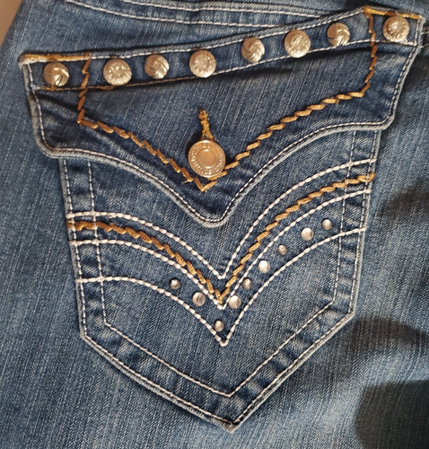 South Pole Juniors Med Wash Capri Jeans Studded Rhinestones Flap Pockets Stretch - Picture 11 of 18