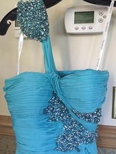 Sherri hill tuquoise blue one shoulder rhinestone gown size 0 high low 