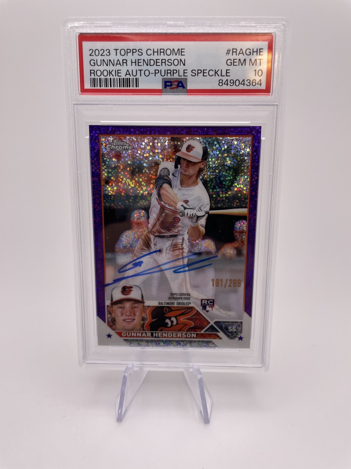 2023 Topps Gunnar Henderson Chrome Purple Speckle RC Auto /299 PSA 10! #RAGHE