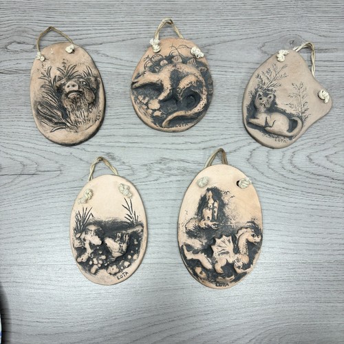 Vintage Hand Made Clay 3-D Animal Wall Hangs Decor Rare Dragon Dinosaur Cat Lota