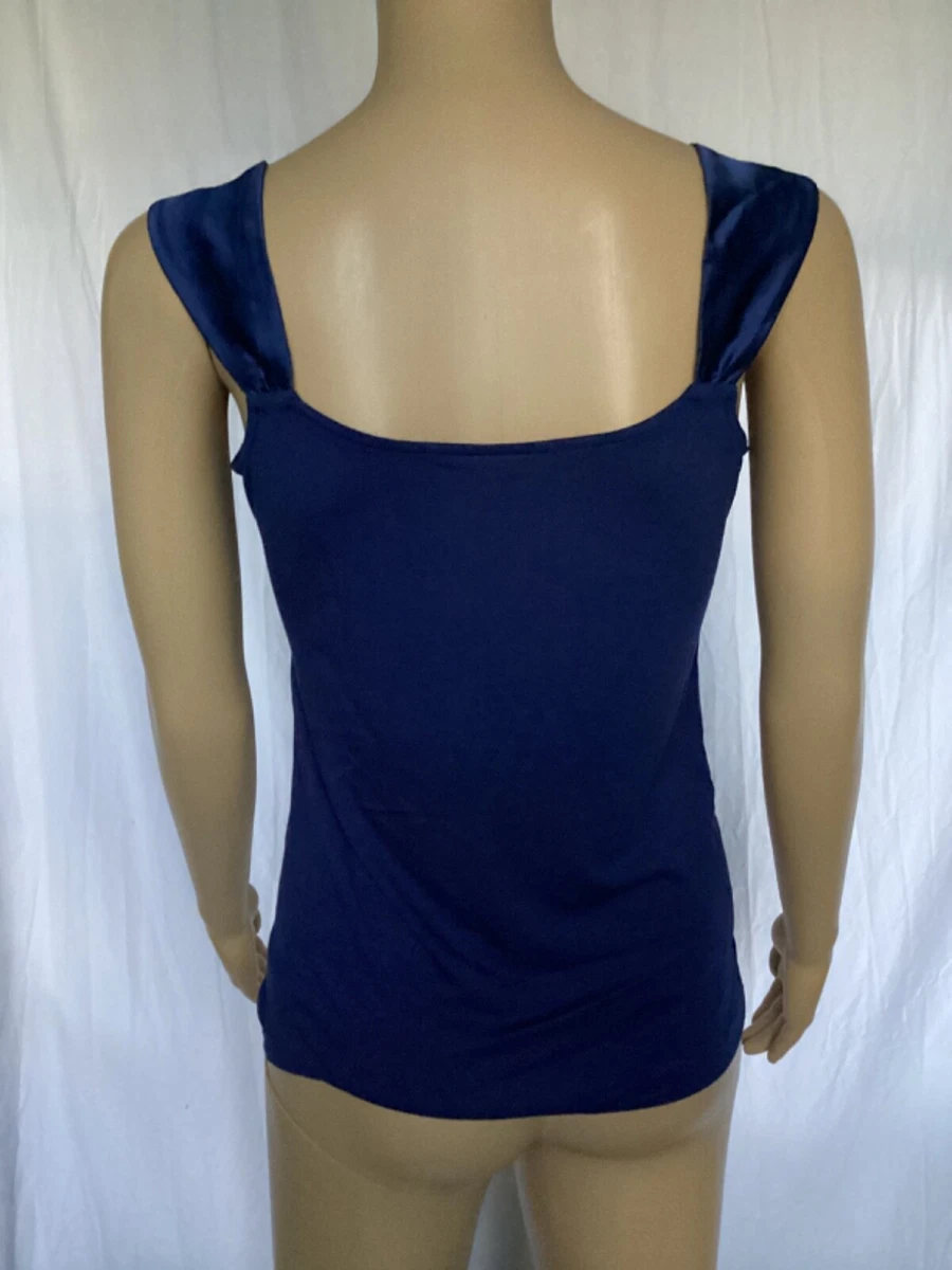 Ann Taylor Satin Silk dressy Tank Shell Top Blouse Sz S Navy stretchy back