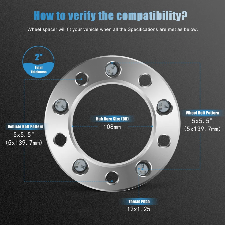 (4) 5x5.5 Wheel Spacers 2" inch M12x1.25 For Chevy Tracker Suzuki Grand Vitara - Image 2 of 4