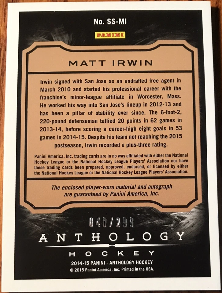 2014-15 Panini Anthology Sizeable Signatures Jersey Matt Irwin SS-MI #’d 040/299 - Image 2 of 2