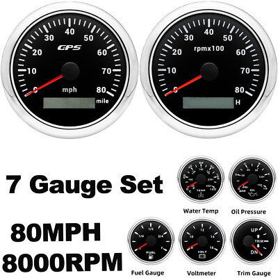 7 Gauge Set 85mm GPS Speedometer 80MPH Tacho 8000RPM Gauge Waterproof for Boat 