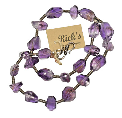 Natural Brazilian Freeform Faceted Amethyst & Solid Sterling Silver  Bali Beads