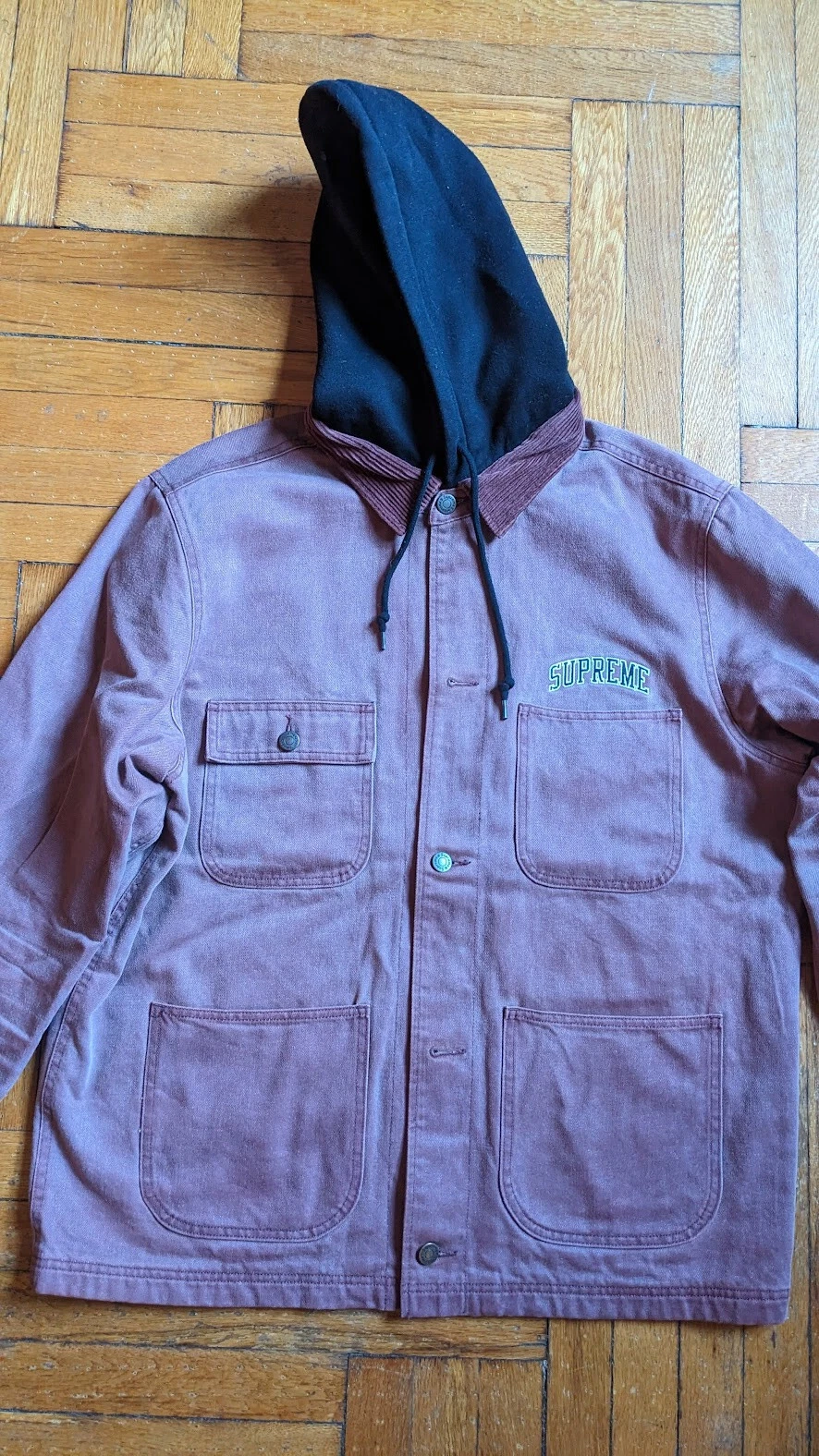 Manteau de corvée à capuche SUPREME 2017 F/W col velours côtelé rose poussiéreux taille L