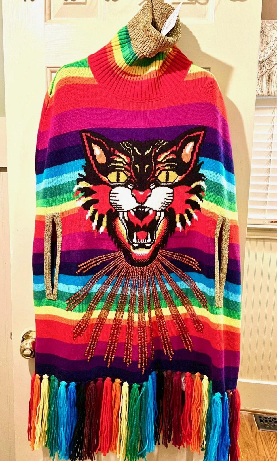 Nuovo Gucci 2017 Angry Cat Rainbow Cape Maglione Giacca Cappotto 38 40 42 44 S M