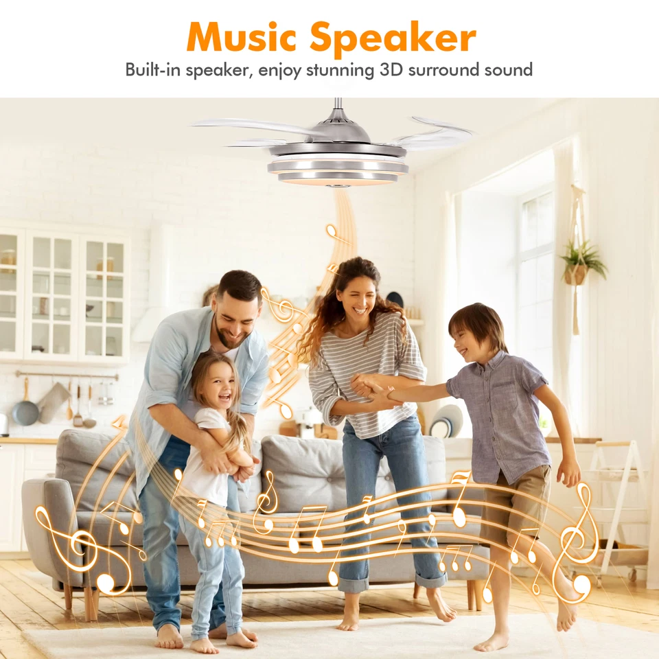 42" Bluetooth Ceiling Fan 3-Color LED Light Retractable Chandelier Lights Lamp - Image 2 of 4