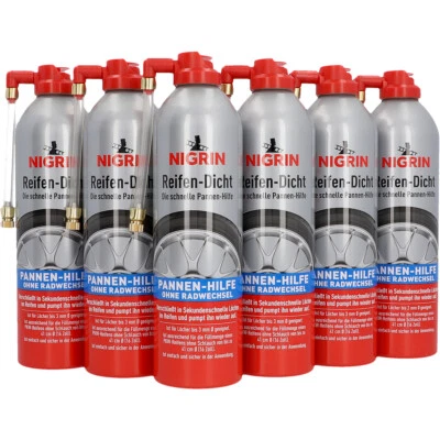 6x500ml NIGRIN Reifendicht Mittel Auto Spray Pannenhilfe Ventilaufsatz Pannenset