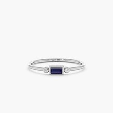 Natural Blue Sapphire and Diamonds Minimalist Women Band Ring 10k Solid Gold
