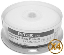 100-Pak RITEK PRO Waterproof GLOSSY White Inkjet Hub 25GB 4X Blu-ray BD-R  s