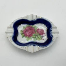 Porcelain VTG Ladies Ashtray Cobalt Blue Border Gold Trim Rose Transfer Design