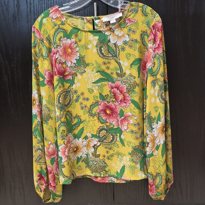 LOFT Yellow Floral Round Neck Long Sleeve Blouse Top Women s S
