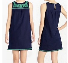 J.Crew Navy Green Floral Embroidered Sleeveless Shift Dress Round Neck S