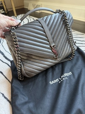 Saint Laurent YSL Large College Bag Grey Chevron Quilted Leather Shoulder Bag