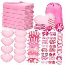 63 Pcs Spa Sleepover Party Supply 9 Fleece Blankets 9 Fluffy Heart Pink White
