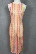 Miken Women's Swim Neon Striped Crochet Cover-Up Dress Small Multicolor NWT's