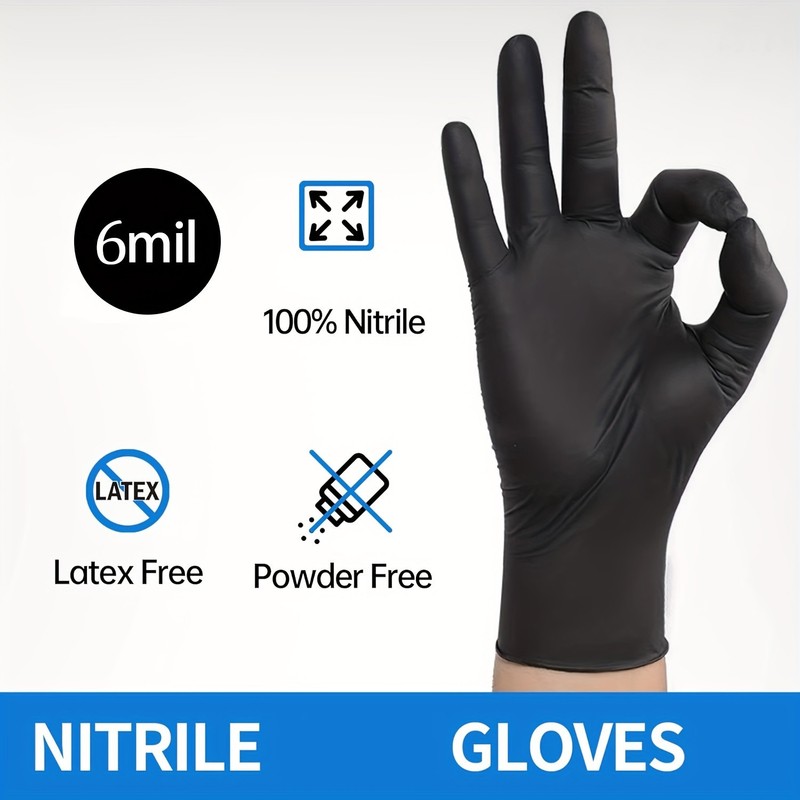 100Pcs Disposable Black Nitrile Gloves Durable Waterproof Anti-Tear Powder-Free