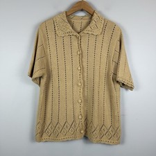 Vintage Cardigan Sweater Women L Tan SS Summer Open Knit Crochet Granny Cottage