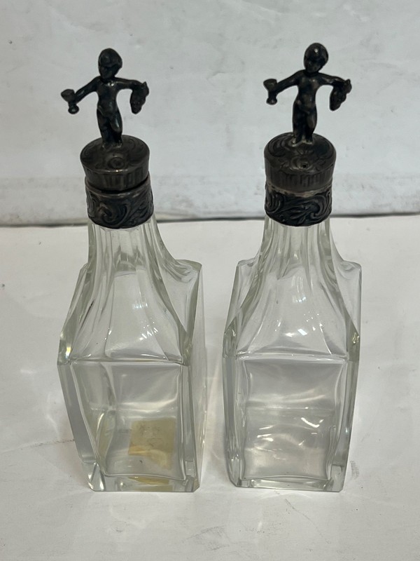 Pair Sterling Silver topped oil and vinegar  crystal cruets decanters 6”